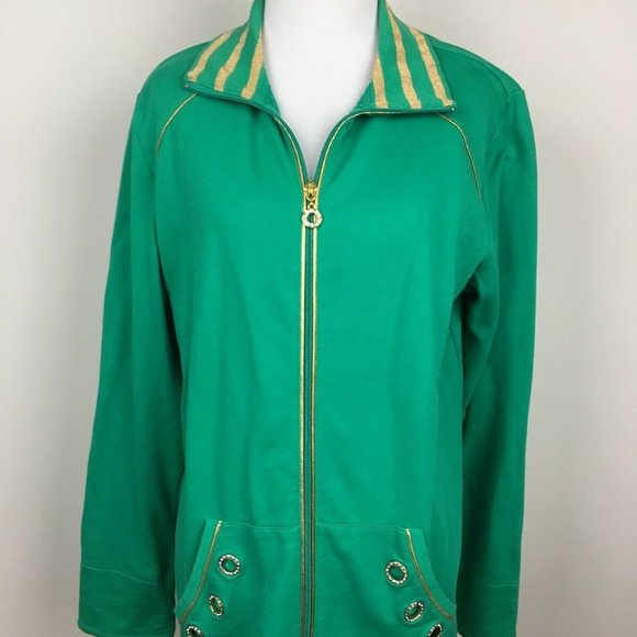 Quacker Factory Jacket Rhinestone Green Gold M - Picture 2 of 8